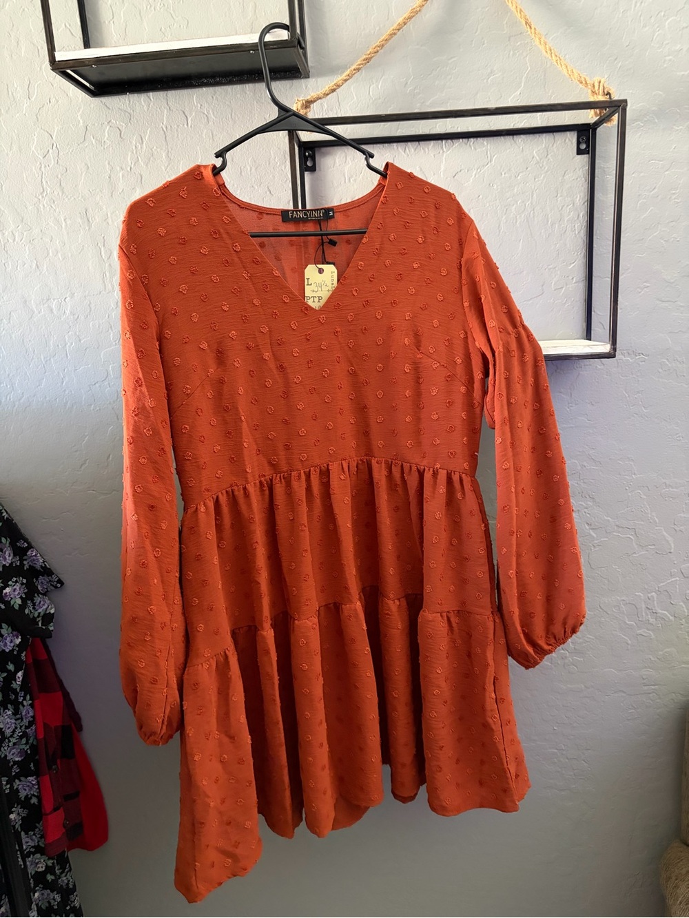 Fancyinn Rust Orange Long-Sleeve Tiered Dress